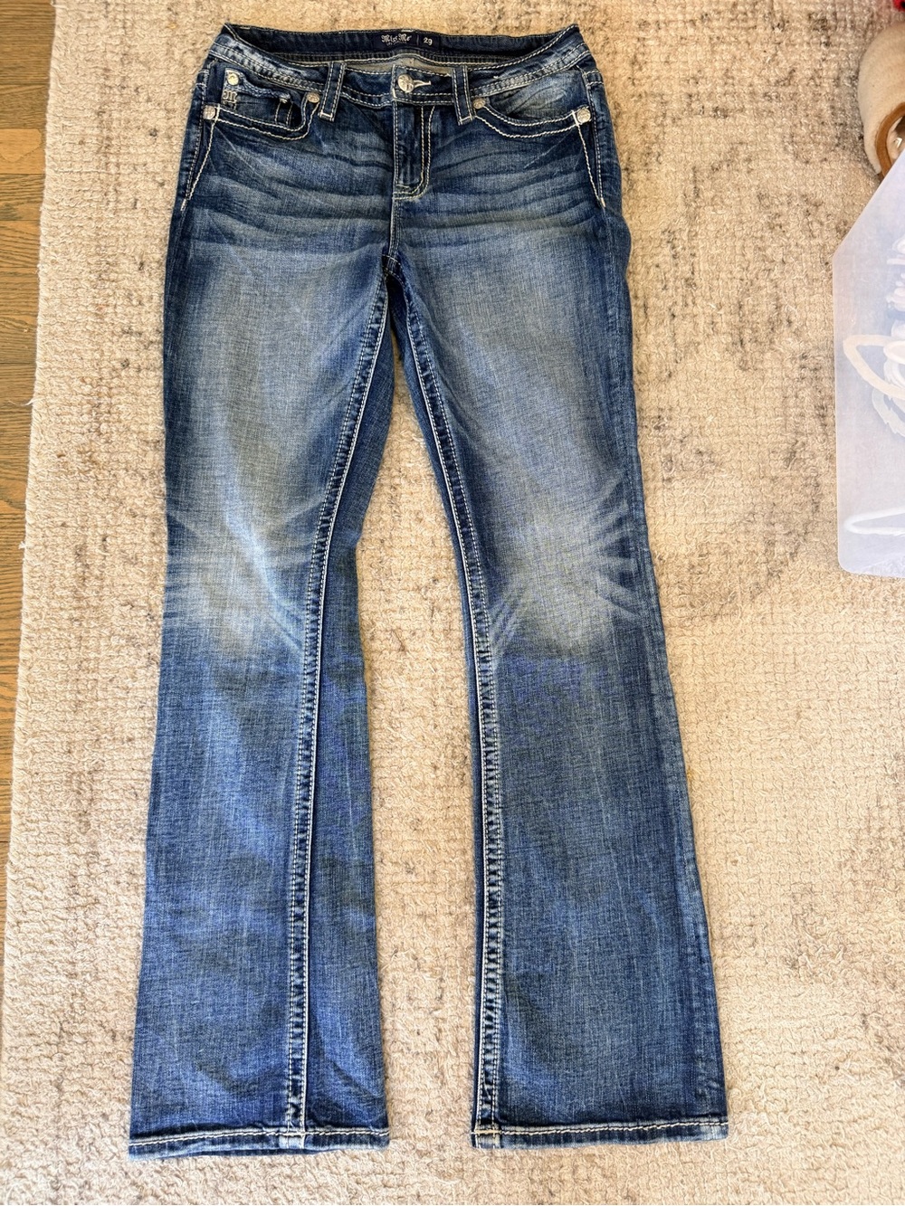 Miss Me Dark Low Rise Bootcut Jeans with Embroidered Pockets